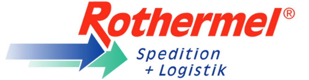Rothermel Spedition + Logistik-Logo mit rotem Text und zwei blauen und grünen Pfeilen.